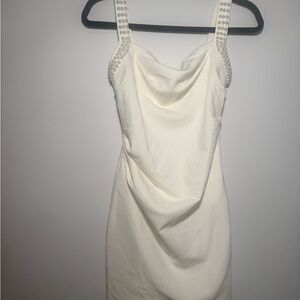 White Sleeveless Pearl-Trim Cowl Neck Dress